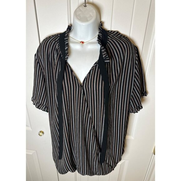 Suzane Betro Black & White Striped Blouse with Ruffled Neck & Sleeves, 1X - Picture 2 of 9